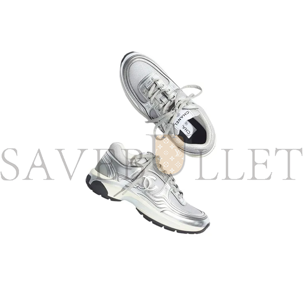 CHANEL  FABRIC LAMINATED CALFSKIN STRETCH CC SNEAKERS WHITE SILVER G39792